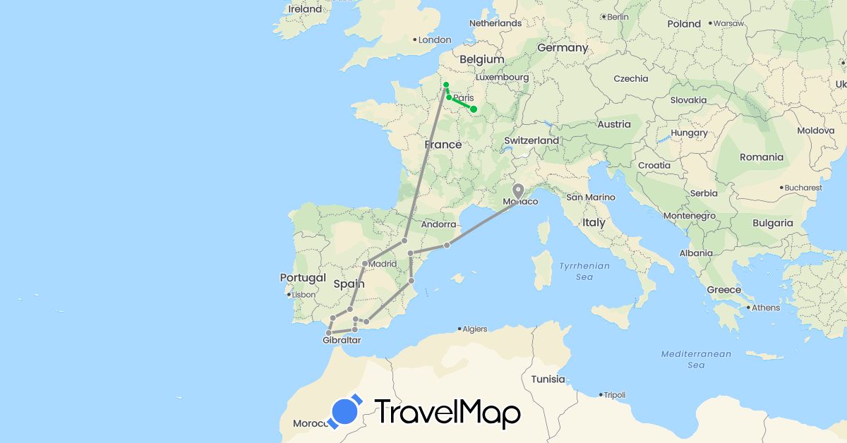 TravelMap itinerary: driving, bus, plane in Spain, France (Europe)